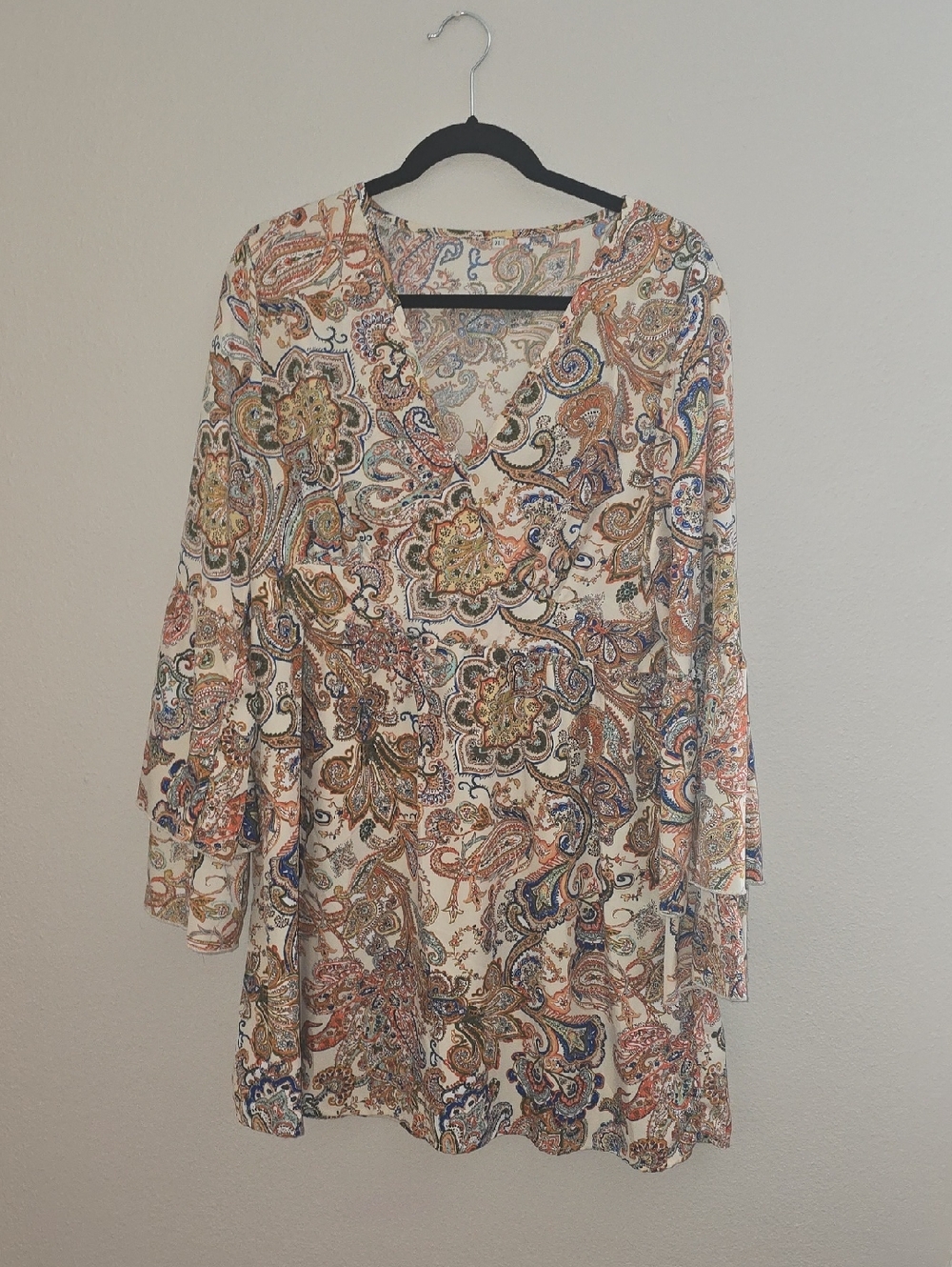 Paisley V-Neck Tunic Dress in Cream, Brown & Blue